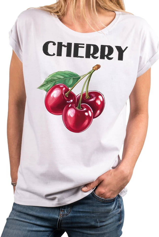 Damen T-Shirt mit Kirschen Aufdruck 100% Baumwolle Kurzarm Top mit Sommer Print - Bild 1 von 1