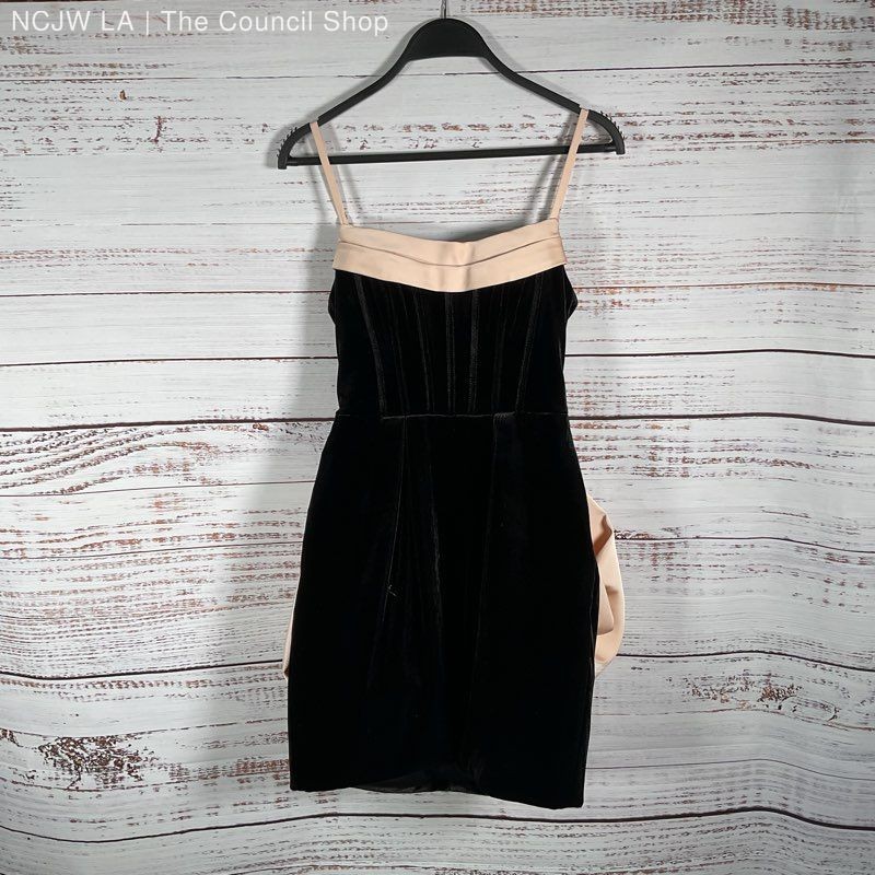 Azazie Atelier Joanna Black Blush Ribbon Back Velvet Mini Dress Women's  Size