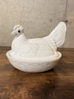 Hen On Nest Milk Glass Covered Chicken Candy Dish Red Eye Challinor or Atterbury