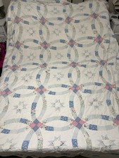 Vintage Double Wedding Ring Quilt 78x88 Hand Sewn Handmade Star