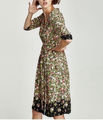 ZARA BASIC WOMEN'S 3/4 SLEEVE MIDI FLORAL PRINT DRESS size SMALL FLORAL PRINT