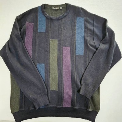 Marcello Italy Mens XL Merino Wool Blend Sweater Navy Blue Geometric Colorblock
