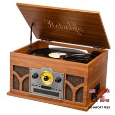 10-in-1 Record Player with Built-in Speakers Wireless Playback, CD Mahogany