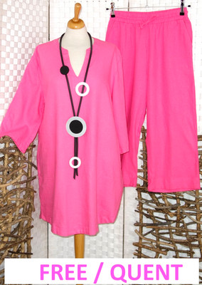 FREE / QUENT Hosenanzug Tunika Bluse + Culotte m. LEINEN S = 40 42 + PINK   SET