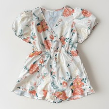 SHEIN Girls Floral Romper Size 10 Puff Sleeve V-Neck Orange Ivory Ruffle