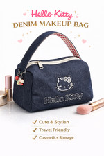 Hello Kitty Denim Makeup Bag Sanrio Cosmetic Pouch Cute Travel Organizer Zipper