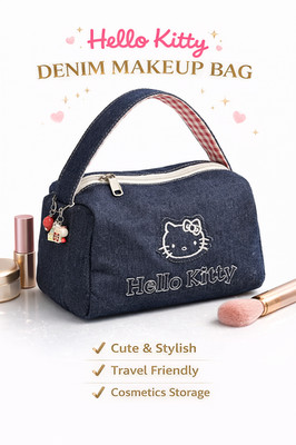 Hello Kitty Denim Makeup Bag Sanrio Cosmetic Pouch Cute Travel Organizer Zipper