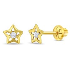 14k Gold Cubic Zirconia Star Kids / Children's / Girl Earrings Safety Screw Back