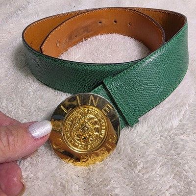 VTG Celine Leather Belt Green Gold Medallion Buckle Authentic Women 70 XS SM