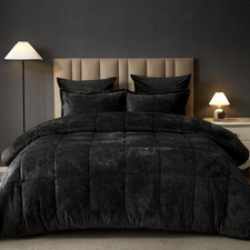 Velvet Comforter Set Queen Size 5 Piece Soft Warm Bedding Bag Modern Cozy Black