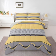Yellow Striped Comforter Twin Size for Boys Girls, Gray and Yellow Patchwork Com