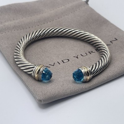 David Yurman 7mm Cable Sterling Silver Blue Topaz and 14k Yellow Gold Bracelet
