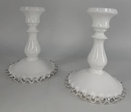 Vintage Fenton White Milk Glass Silver Crest Candlesticks Set of 2. USA
