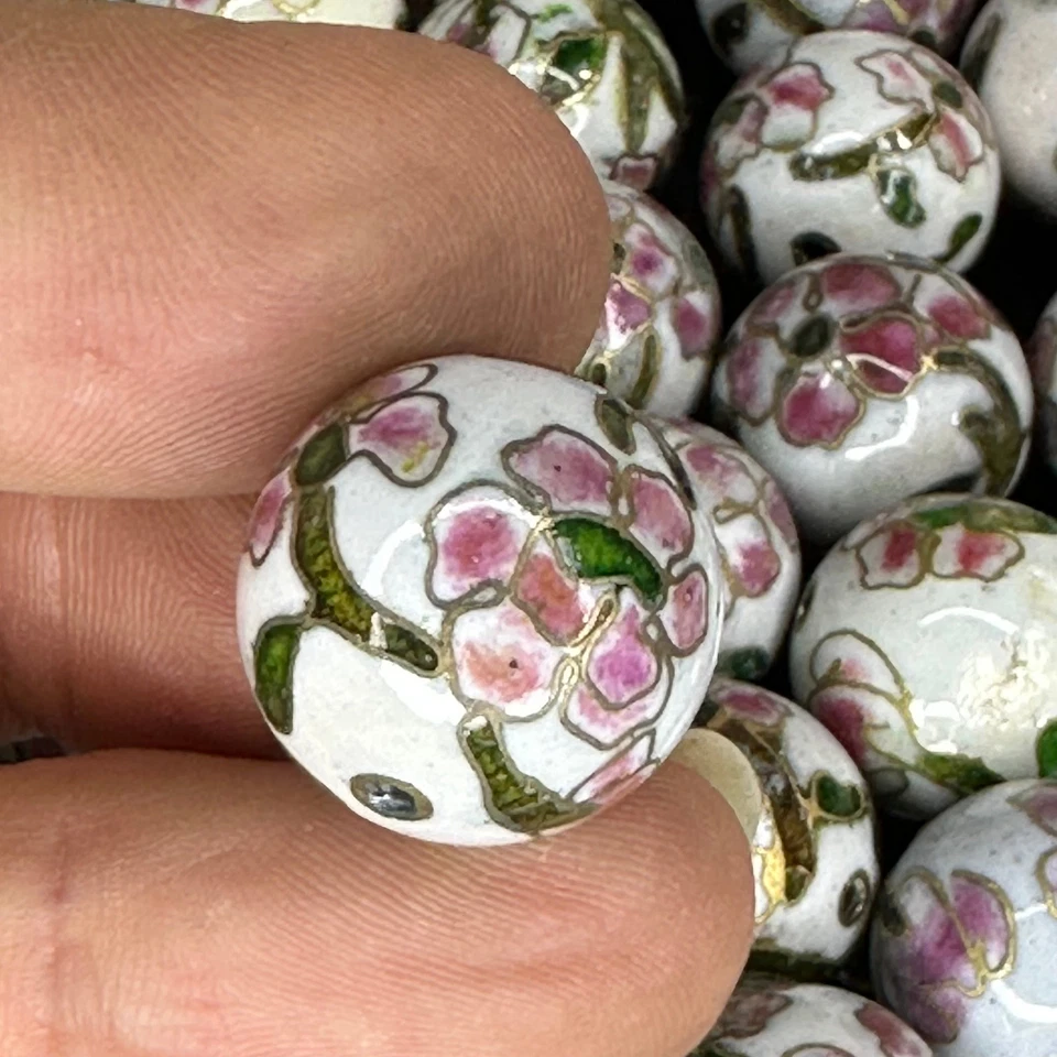 Vintage Chinese Cloisonne Pink & Green Floral Bead 18mm Glass Enamel Jewelry - Image 4 of 4
