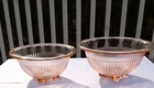 2 Pink Federal Depression Glass Ribbed Mixing Bowls Rolled Rim Sq Base 6.5 & 7.5