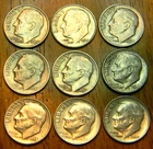 MIXED Lot of NINE (9)  CIRCULATED Roosevelt 90% Silver Dimes STACKERS !