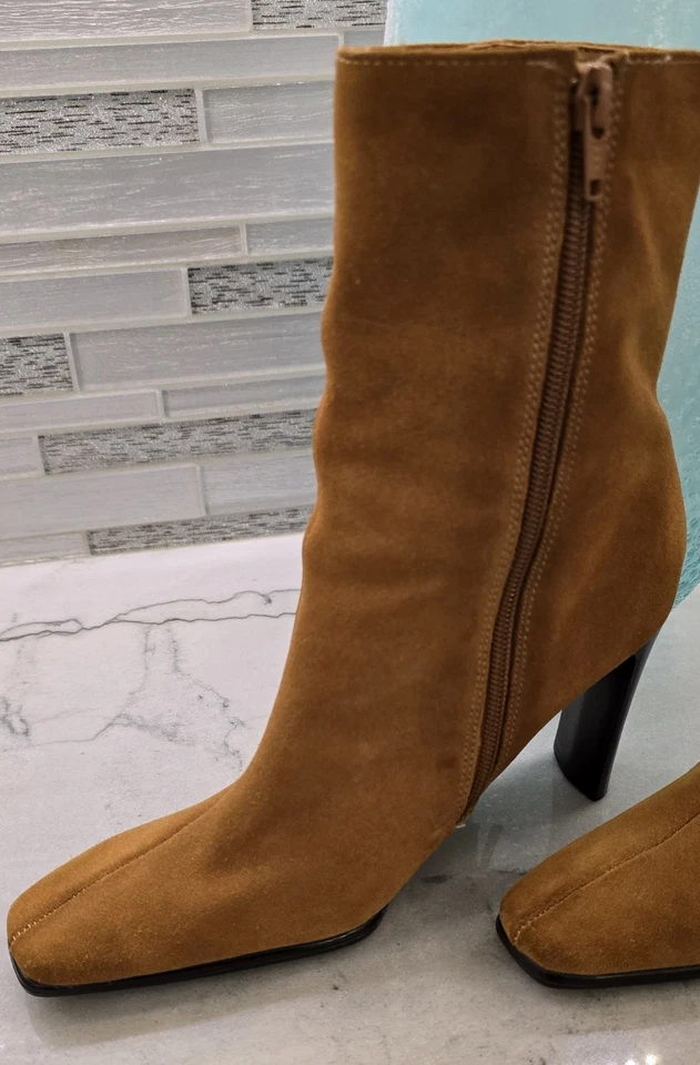 PREDICCIONES Bota Lt Marrón Gamuza Media Pantorrilla Moda Vaquero Occidental Flecos Tacón 7 Foto 3 de 4