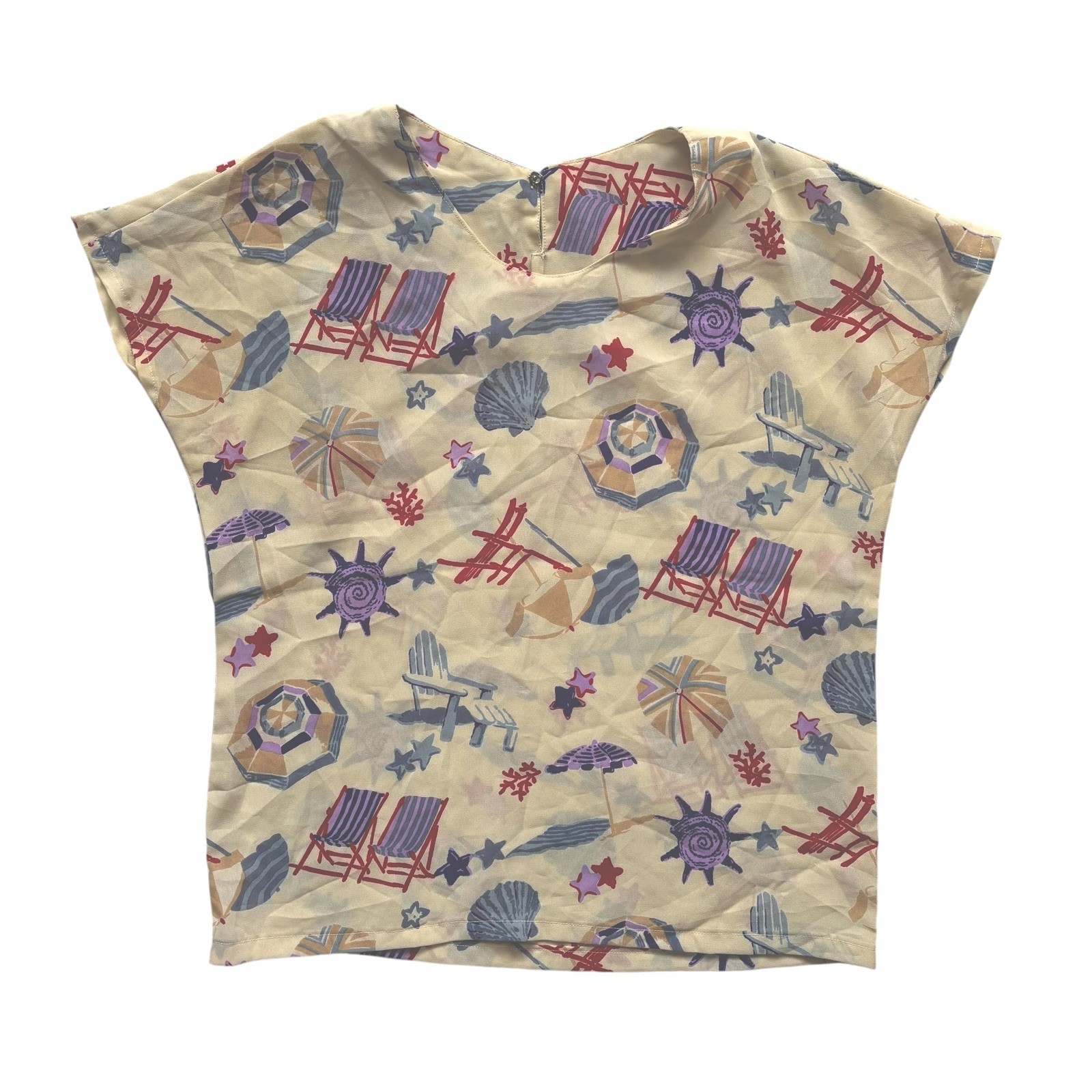 Womens Vintage Seaside Patterned Top Beige 90s Capped Sleeve Retro Boho Indie 14 image 2