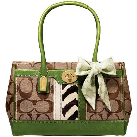 NEW COACH MADELINE LG SIG ZEBRA STRIPE TOTE BAG PURSE SATCHEL W/ GREEN C SCARF