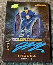 2016-17 UD Black Color Coded /25 Blue Jersey Auto Jacob Trouba Patch SP #CO-TR