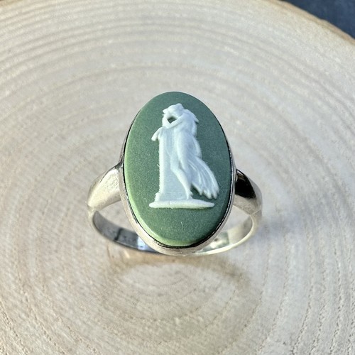 Sterling Silver Oval Green Jasper ware Wedgwood Cameo Ring Size L - 第 1/5 張圖片