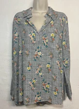 NWT Pleione Medium Tunic Blouse Striped Floral Long Sleeve Collared V-Neck