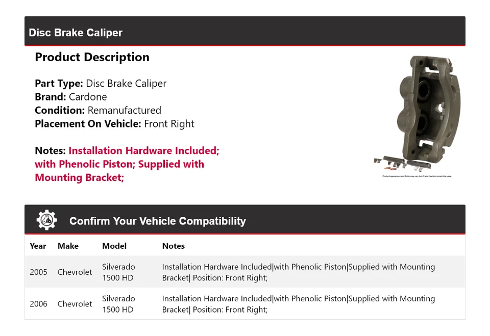 Pinza de freno de disco delantera derecha Cardone para Chevrolet Silverado 1500 HD 2005-2006 Foto 2 de 4