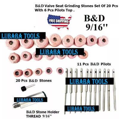 B&D Valve Seat Grinding Stones Set Of 20 Pcs With 11 Pcs Pilots + Holder 9/16''