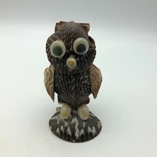 Seashell Owl Figurine Folk Art Hand Made Mid Century 4" Tall Vintage Googly Eyes