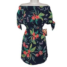 BLUSH Tropical Colorful Floral Print Navy Blue Off Shoulder Mini Dress Large NWT
