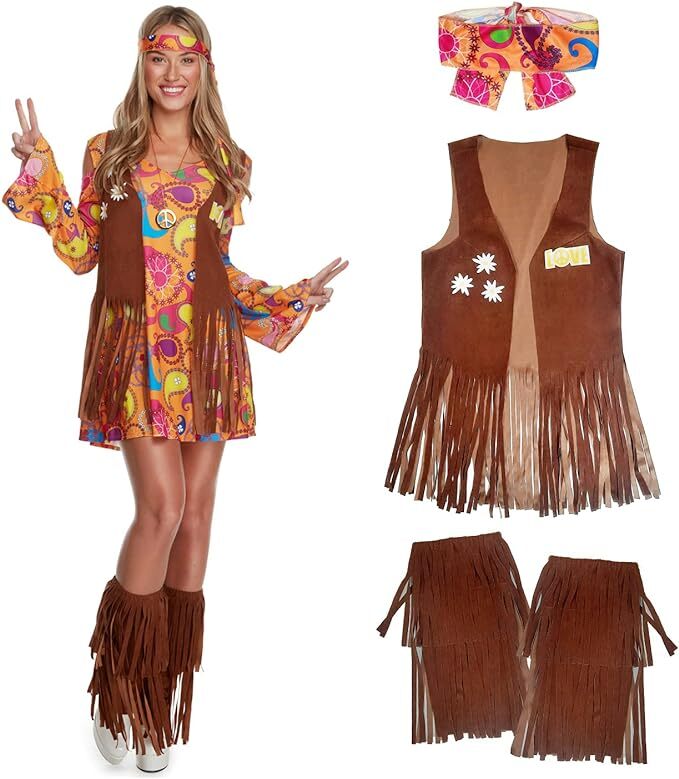 Women`s 1960s Hippie Costume S - XL 70s Ladies Hippy Mini Dress