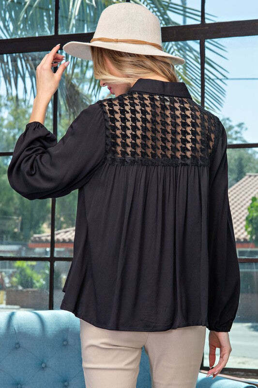 NWT women's eesome black Button down top detailed with lace