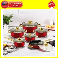 12 Piece Cookware Set Nonstick Pots and Pans Home Kitchen Cooking Non Stick, Red