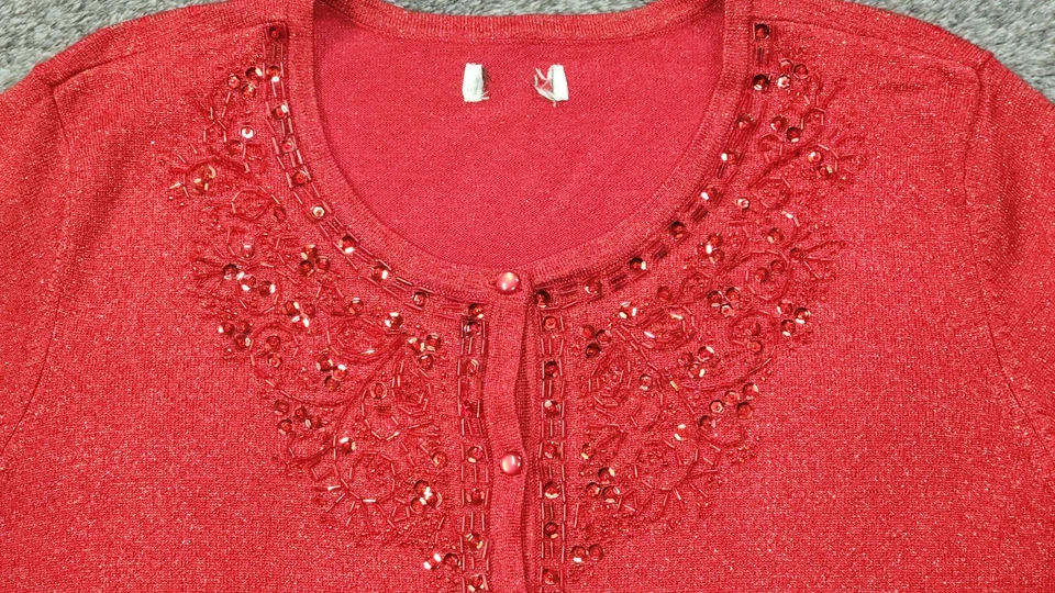 Винтажный Jaclyn Smith красный блестками кардиган металлический вязаный свитер XL - Изображение 4 из 4