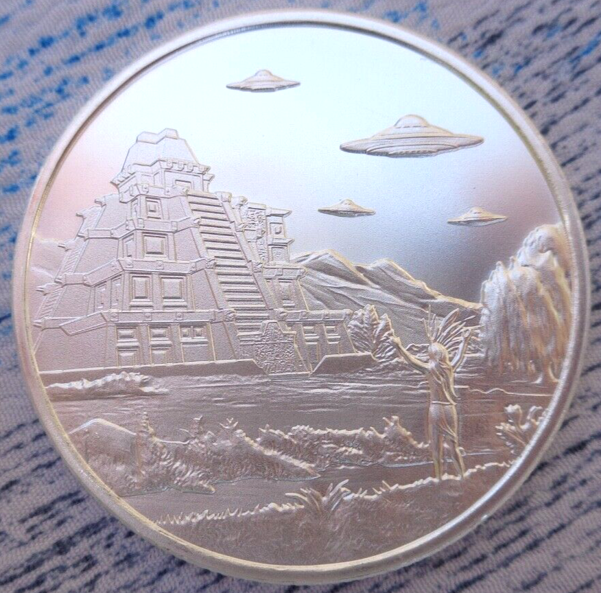 1 oz. 2023 UFO'S over TENOCHTITLAN Aztec Mexico alien round 1 oz. 2023 UFO'S over TENOCHTITLAN Aztec Mexico alien round