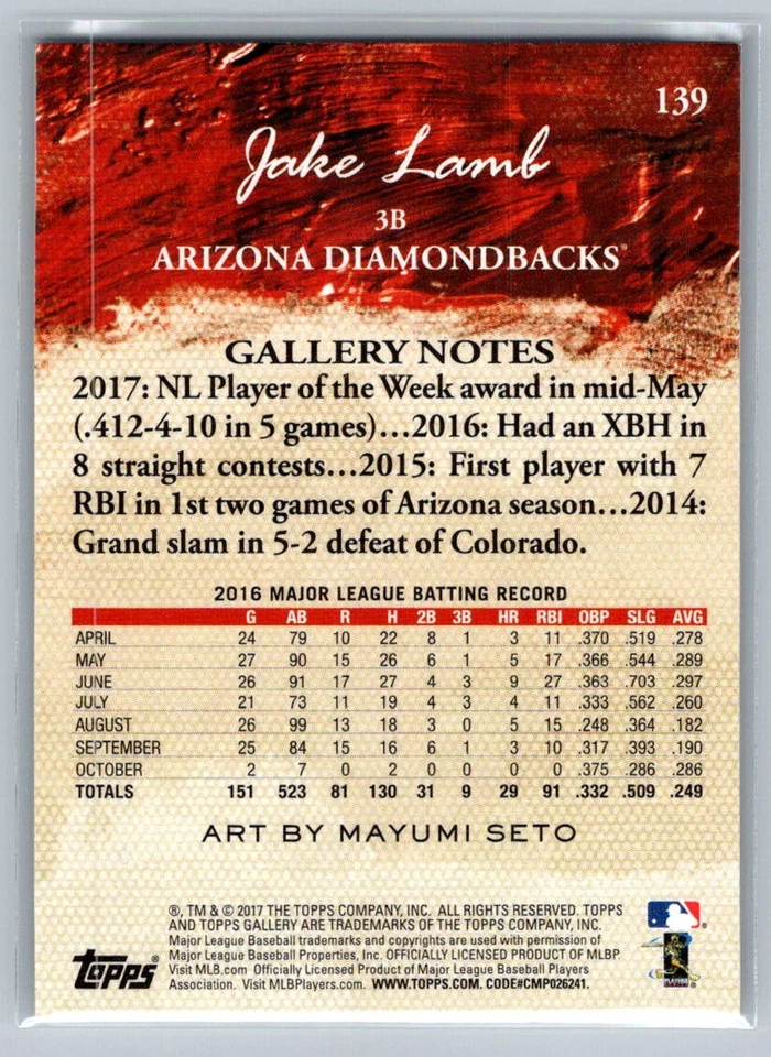 2017 Topps Gallery Jake Lamb Arizona Diamondbacks #139 - Image 2 of 2