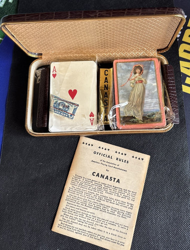 Canasta Set Leather Hard Case Playing Card Game Travel VTG W/instructions 1950’s