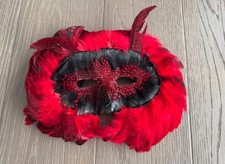 Vintage Red  Black Feather Eye Mask Mascarade Party Mardi Gras Halloween NOS