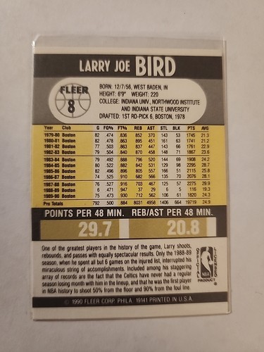 Larry Bird 1990-91 Fleer Basketball Card #8 (Original) Boston Celtics. TL - Picture 2 of 2
