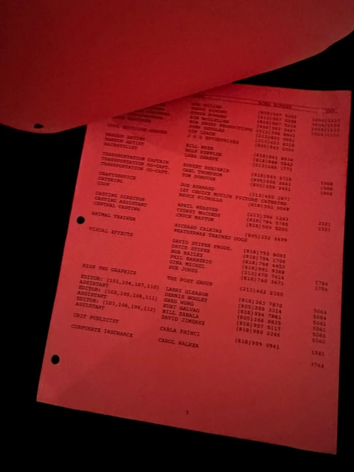 Флэш 1990 Warner Bros ТВ Экипаж Список Красная Бумага Грег Джин Эстейт Реквизит Редкий - Изображение 3 из 4