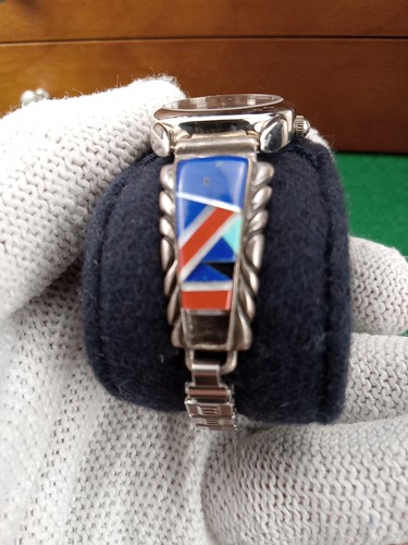 Navajo Thomas Francisco Sterling Silver Opal Blue Lapis And Coral Watch - Picture 3 of 9