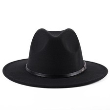 Classic Fashion Black Wide Brim Felt Fedora Panama Hat with Belt Buckle for U...