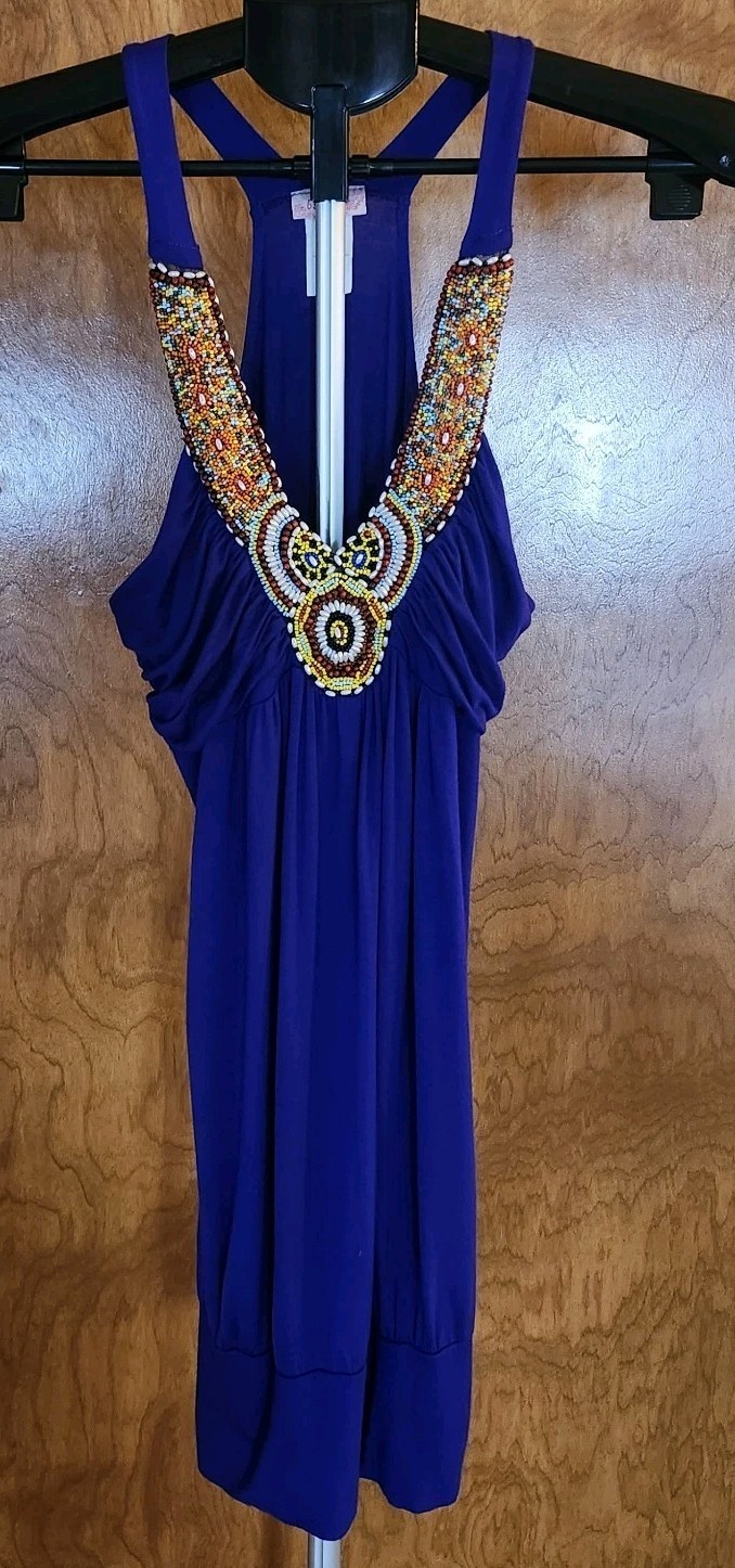 90s Y2K Boho Purple Knit Blouson Mini Dress With Beaded Bodice Womens Size M