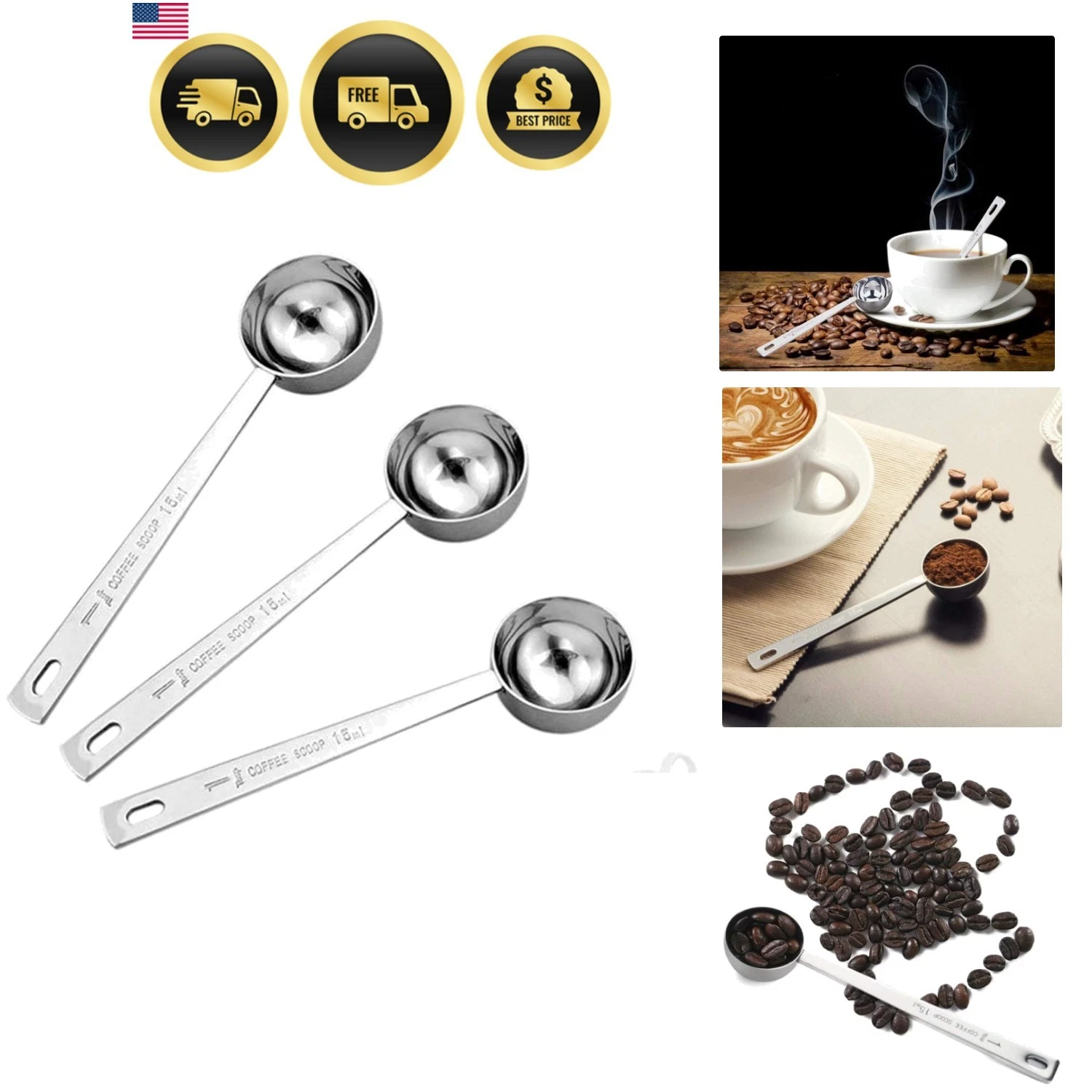 Stainless Steel 1 Tablespoon Measuring Coffee Scoop Spoon, Set of 3