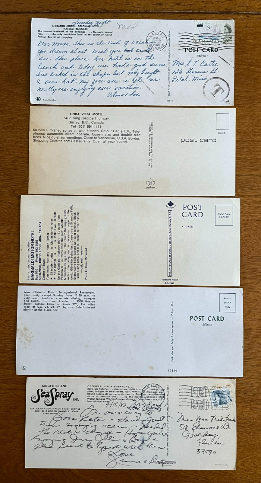 5) VINTAGE  HOTEL/INN/RESTAURANT  OVERSIZED  POSTCARDS  2 USED  OVER 8" x 3 1/2"