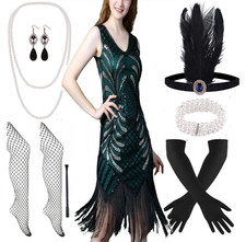 1920s V Neck Green Sequin Beaded Fringe Gatsby Dress & Accessories Size 8 BNWT