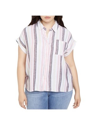 SANCTUARY Womens Top Button Up Pocketed Short Sleeve Mod Boyfriend