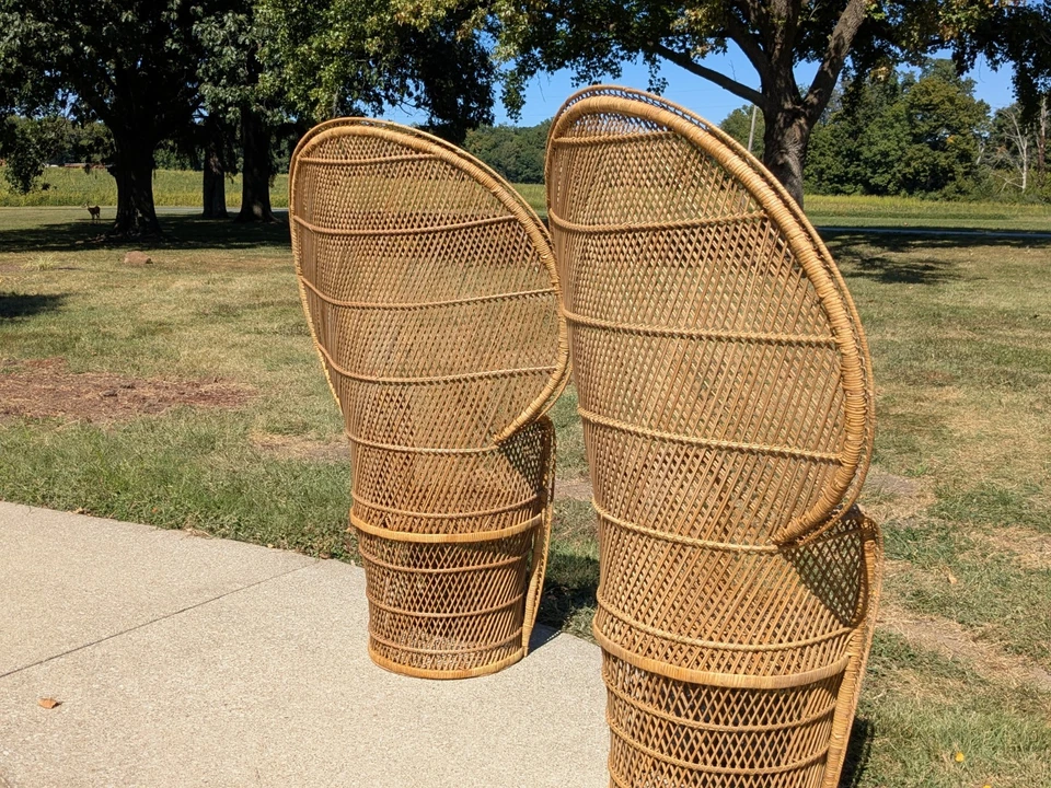 Sillas de pavo real de ratán 53" par de mesas de mimbre Emmanuel años 60 taburete juego de sillas para niños Foto 4 de 4