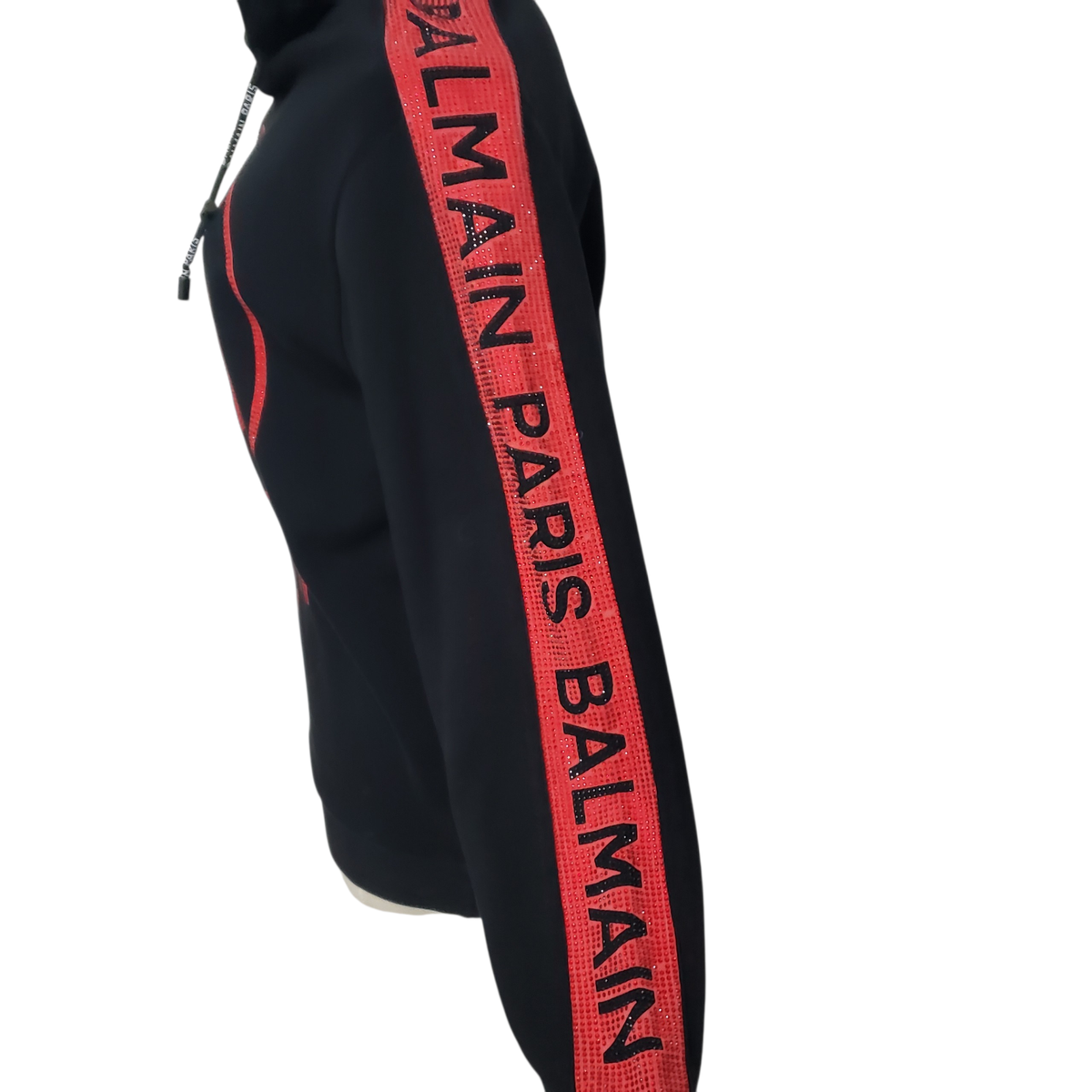 Balmain Black Red Paris Women Rhinestone Logo Hoodie Cotton
