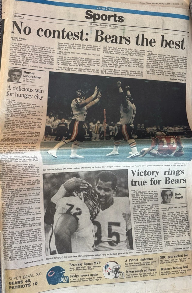 Bears Super Bowl 1986 periódicos originales - Chicago Sun Times & Tribune Foto 2 de 2
